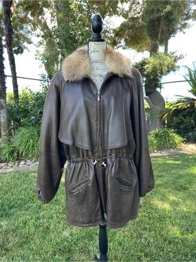 Damselle Brown Soft Leather Zip Coat with Fur Collar